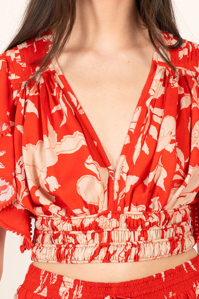 Poupette St Barth Coral Palm Beach viscose top with a relaxed fit, featuring a soft coral color and lightweight fabric.