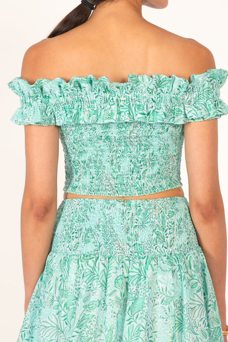 Green Palmarosa Top Alitza by Poupette St Barth, lightweight cotton top with metallic sheen, featuring a stylish sleeveless design.