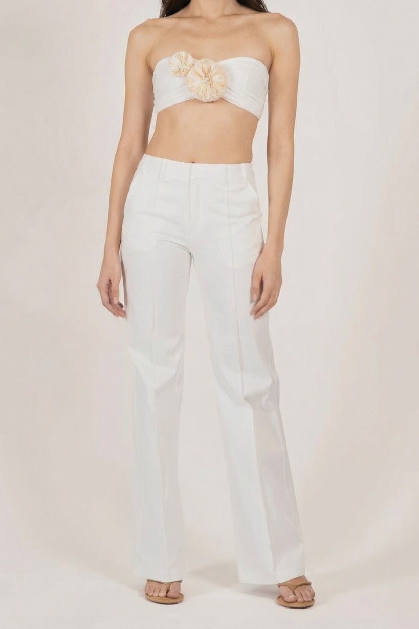 Natural White Provence top – Top Amelia by Poupette St Barth, full-length view styled with white flared trousers