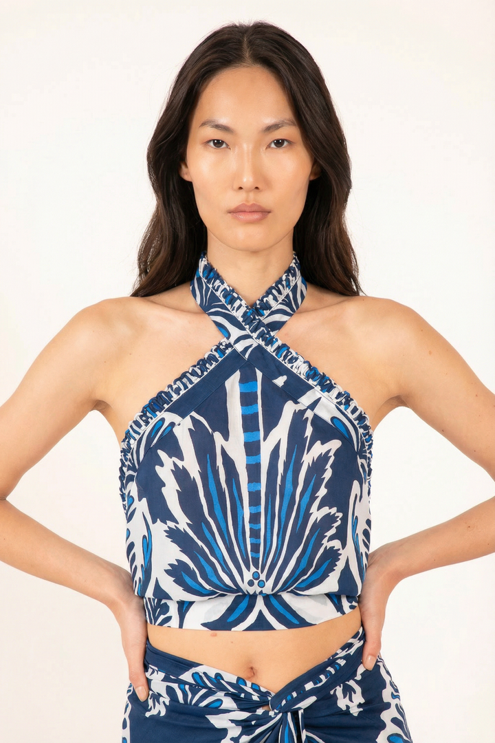 Navy Top Suma by Poupette St Barth featuring a stylish, casual design perfect for summer wear.