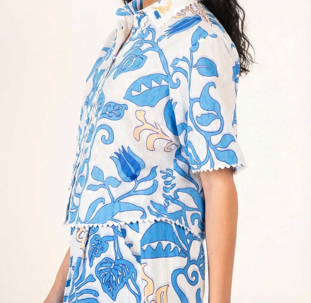 Poupette St Barth white and blue Ritual cotton eyelet stripe shirt, casual button-up shirt for women, lightweight and stylish.
