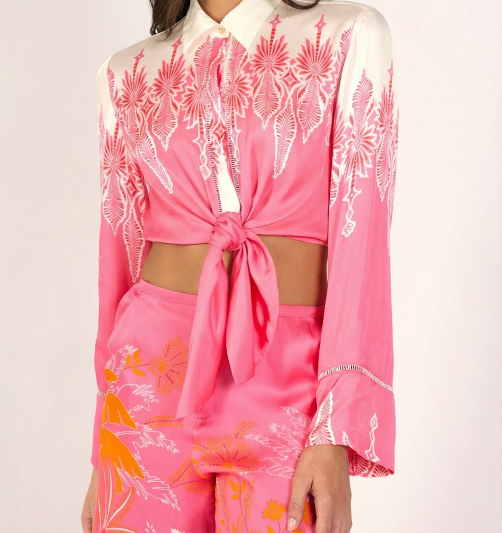 Pink Canopy Sidonie shirt by Poupette St Barth, silky viscose satin fabric, short-sleeve button-up style, elegant and lightweight.