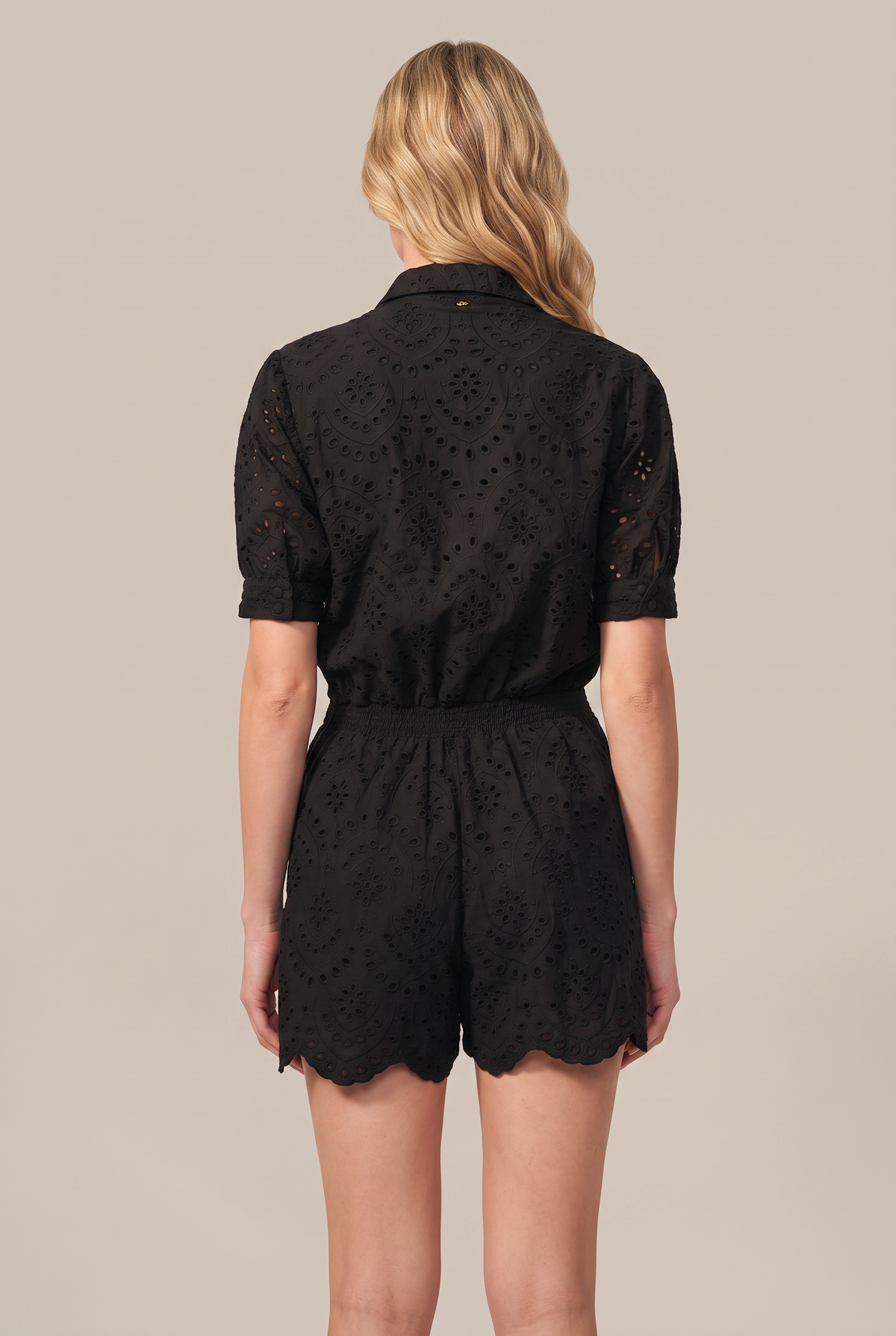 Black jumpsuit – Short Jumpsuit Livia by Poupette St Barth, back view with elasticated waist