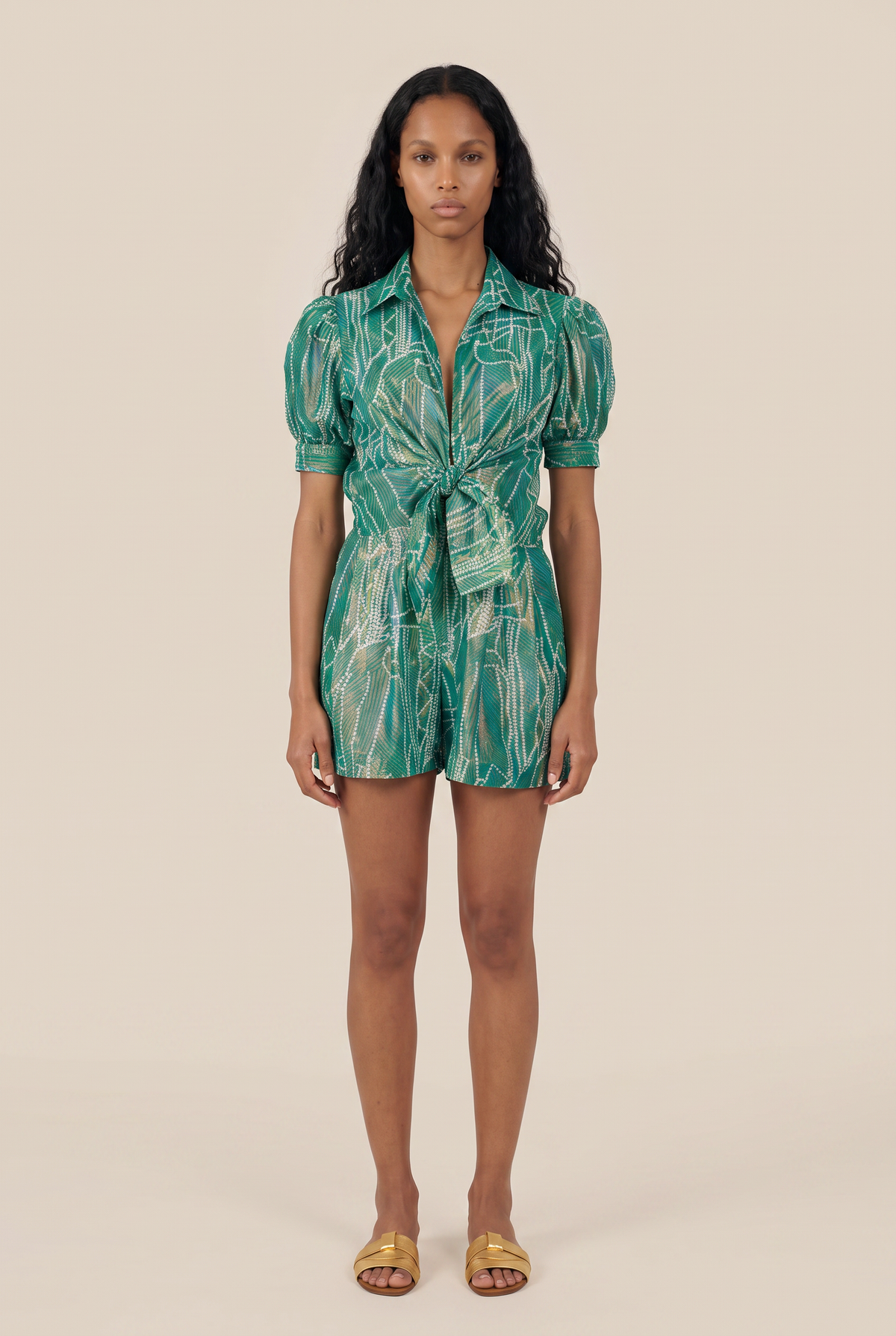 Green Short Jumpsuit Livia by Poupette St Barth, featuring a stylish fit and lightweight fabric, perfect for warm weather.