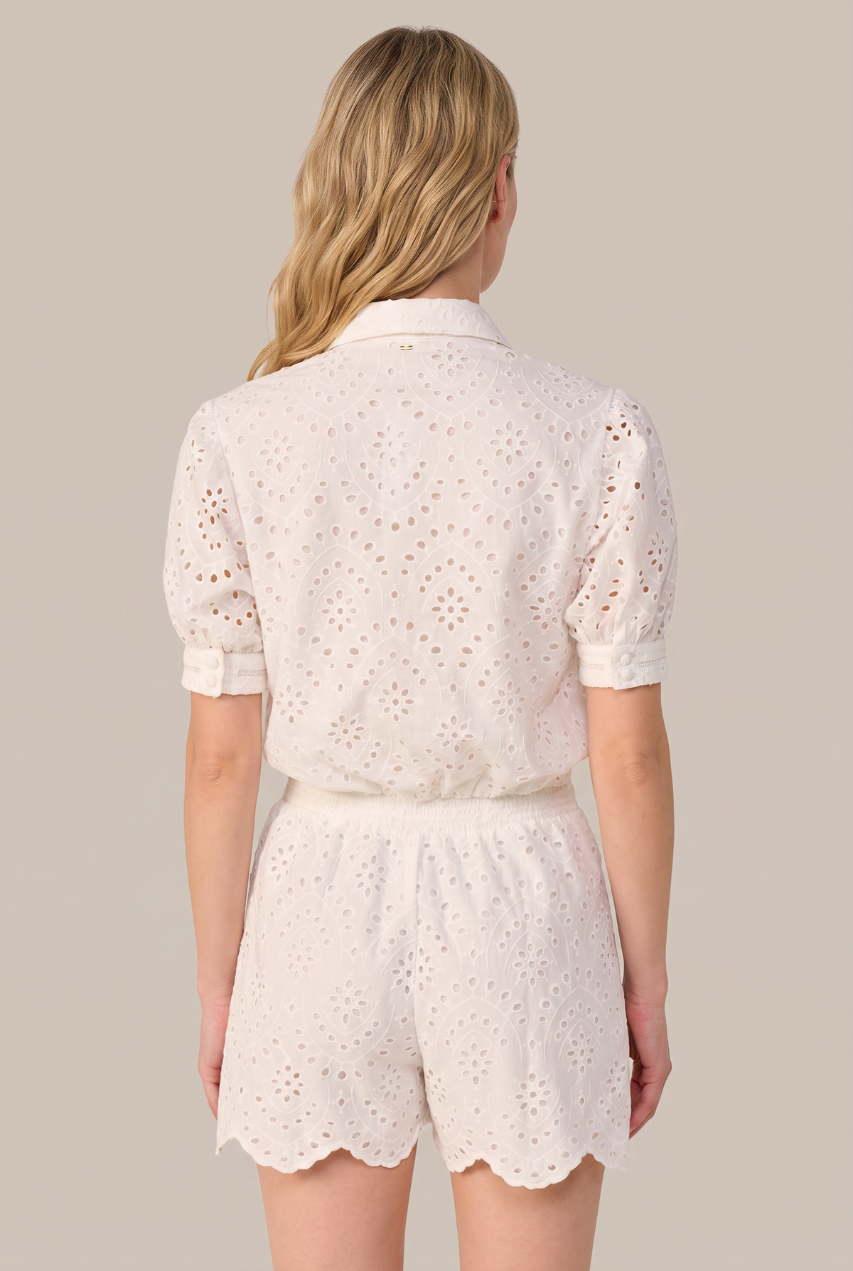 Natural White jumpsuit – Short Jumpsuit Livia by Poupette St Barth, back view showing the eyelet embroidery
