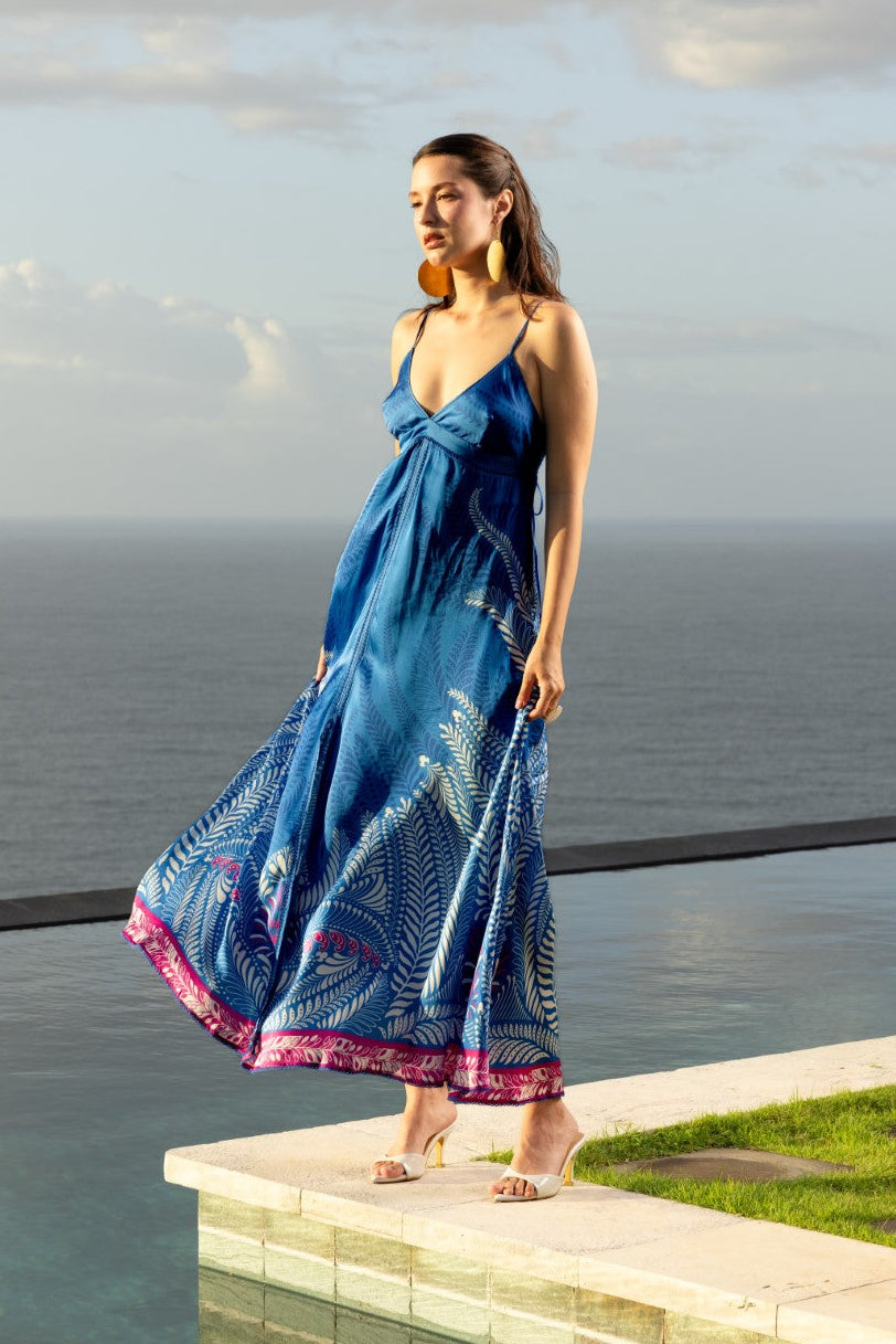 Blue Oolong long dress – Long Dress Denise by Poupette St Barth, front view