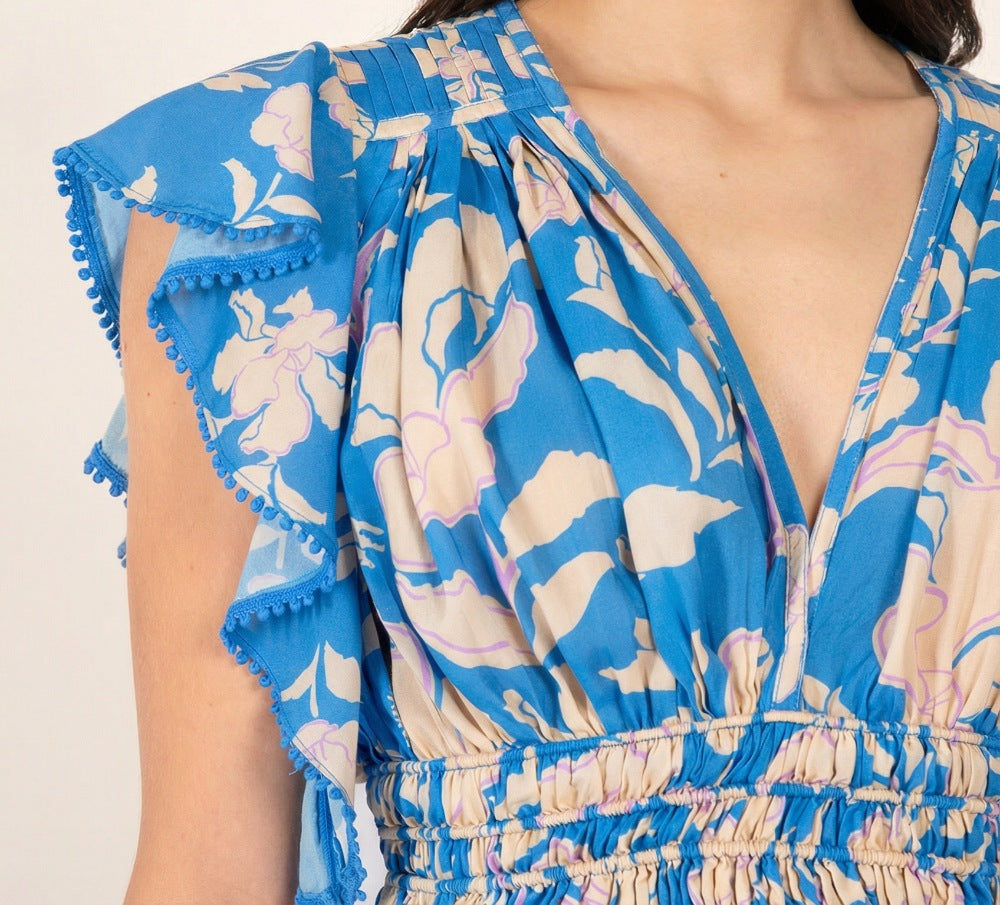 Blue Viscose Top from Poupette St Barth's Pearl collection featuring a relaxed fit and tropical palm beach print.