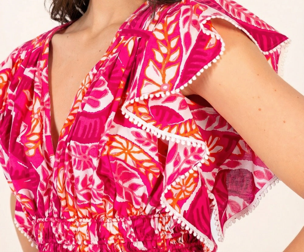 Poupette St Barth pink Holy Snake cotton top with pearl accents, fitted short-sleeve blouse for casual or stylish wear.