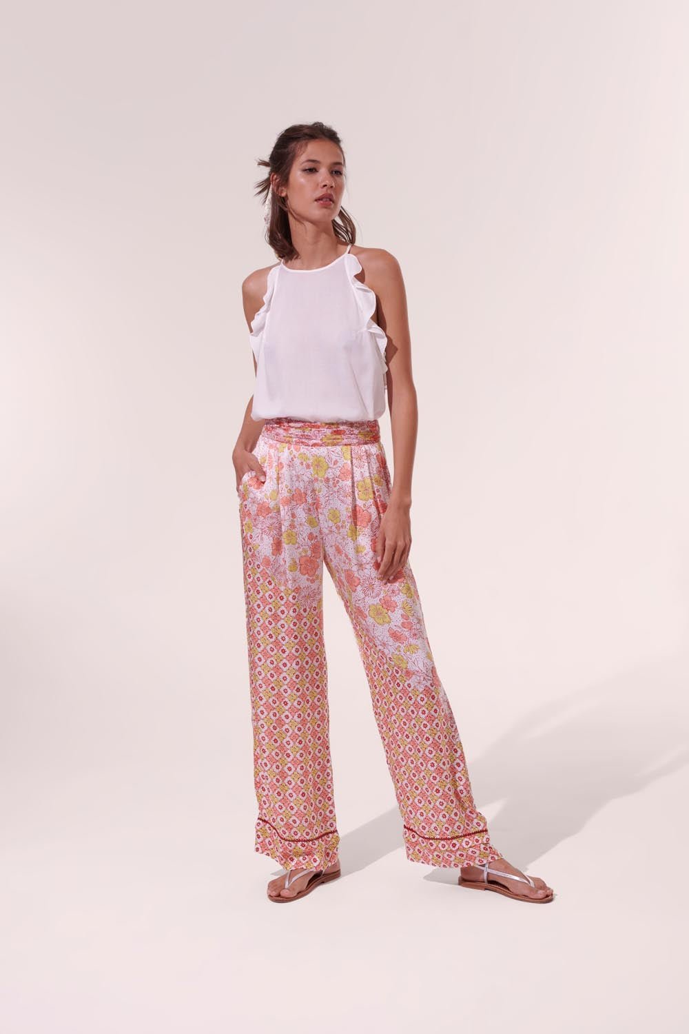 Pantalon Azia - Batik Diagonal Blanc Rose