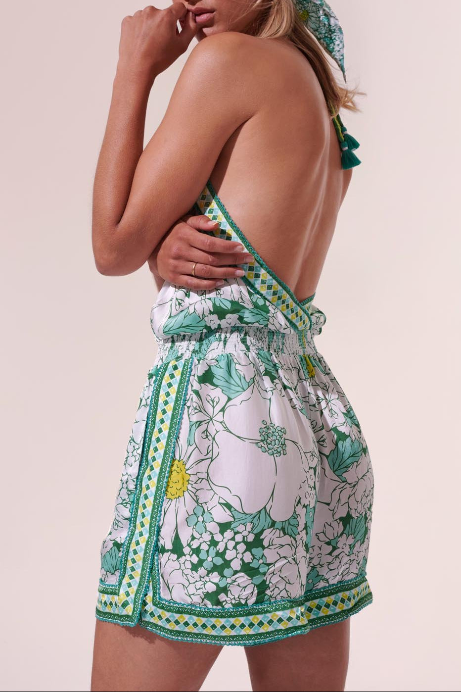 Short Jumpsuit Isabelle - Green Macro 70'S Garden - Poupette St Barth