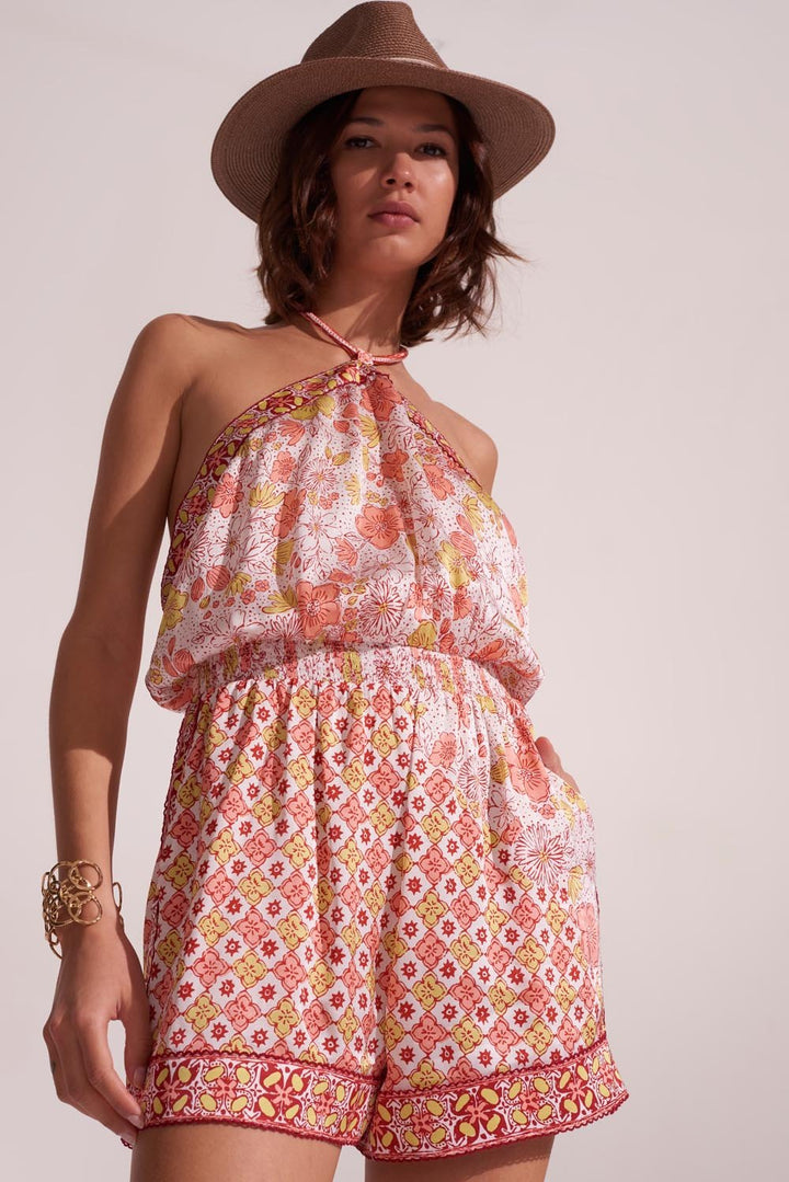 Combinaison Courte Isabelle - White Pink Diagonal Batik