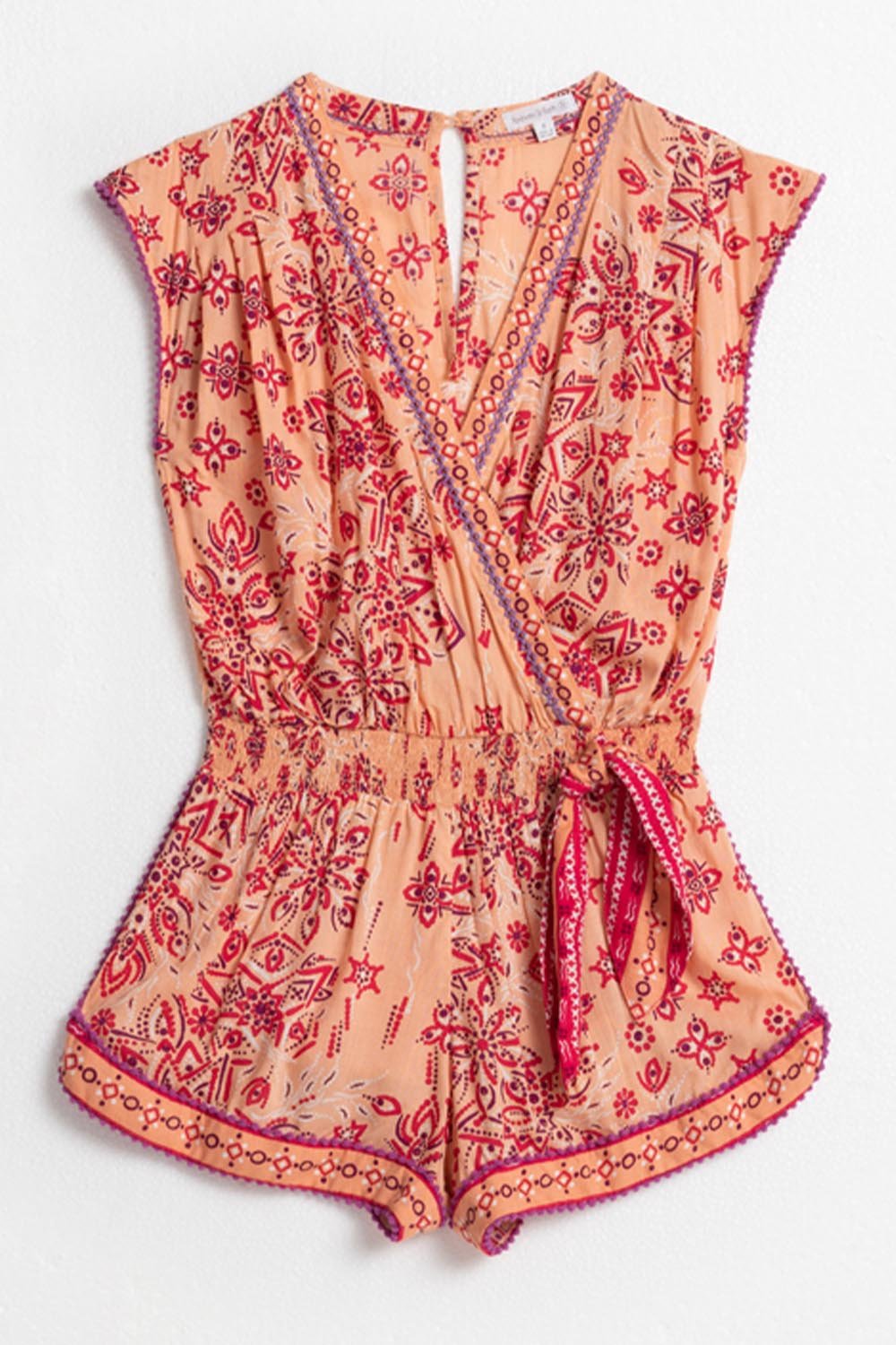 Kids orange short jumpsuit Anaik by Poupette St Barth featuring Bijou Batik print, shown from the front.