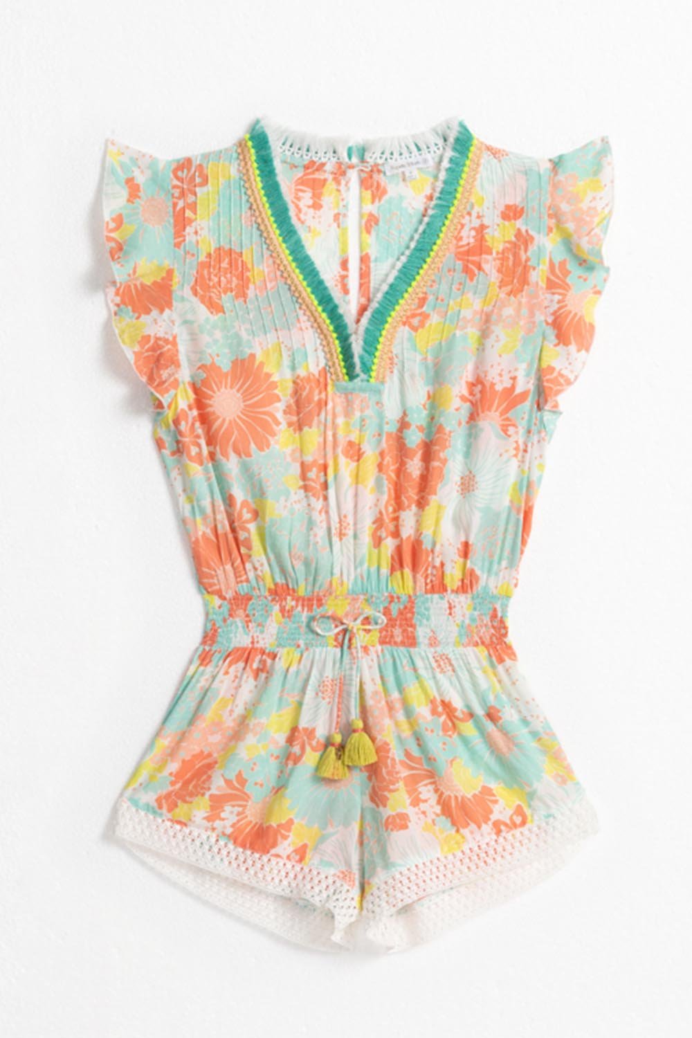 Girls' Orange Flower Mix jumpsuit – Short Jumpsuit Sasha by Poupette St Barth, front view