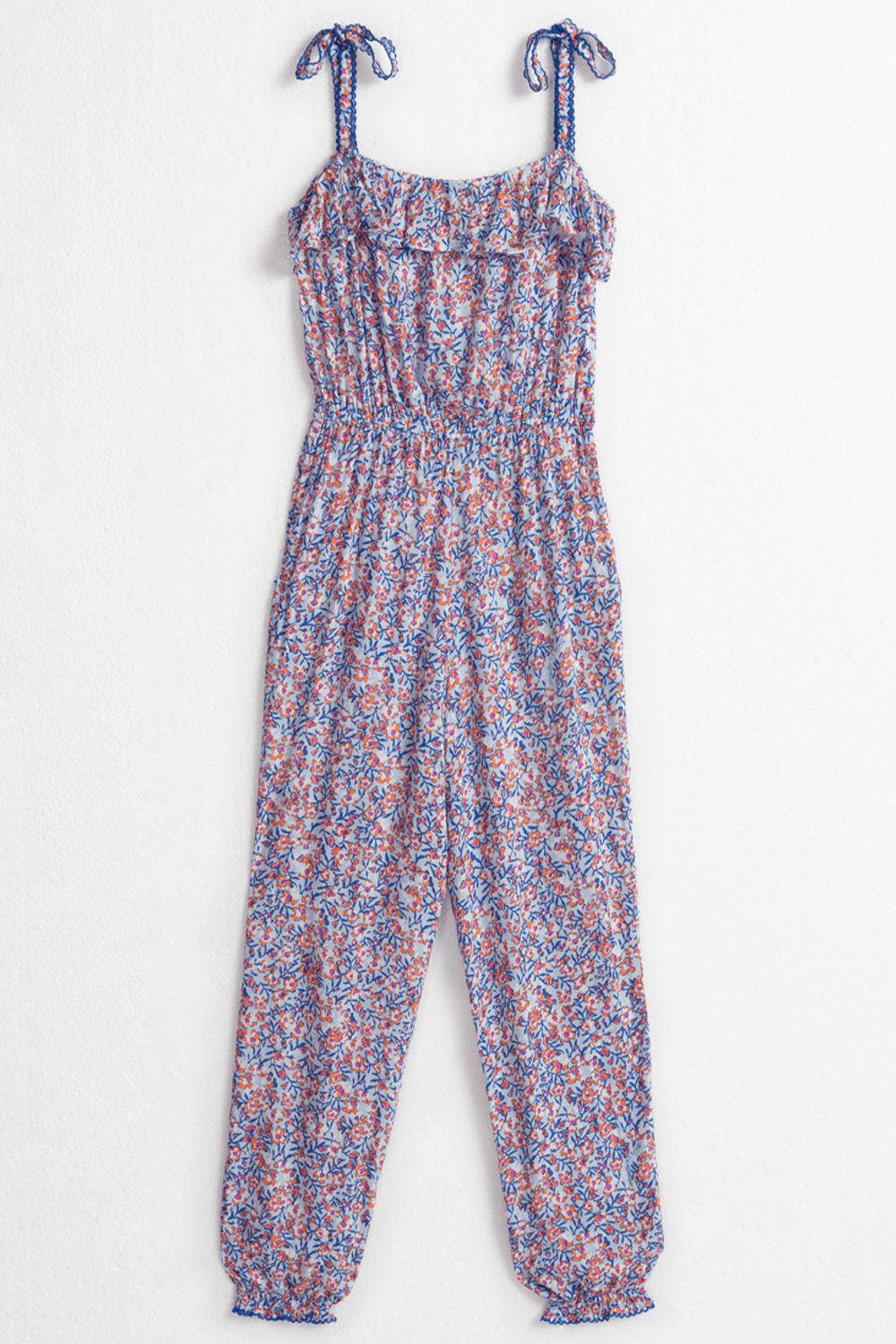 Light blue kids long jumpsuit Astra by Poupette St Barth, back view showing soft fabric and relaxed fit.