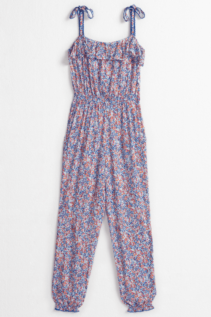 Light blue kids long jumpsuit Astra by Poupette St Barth, back view showing soft fabric and relaxed fit.