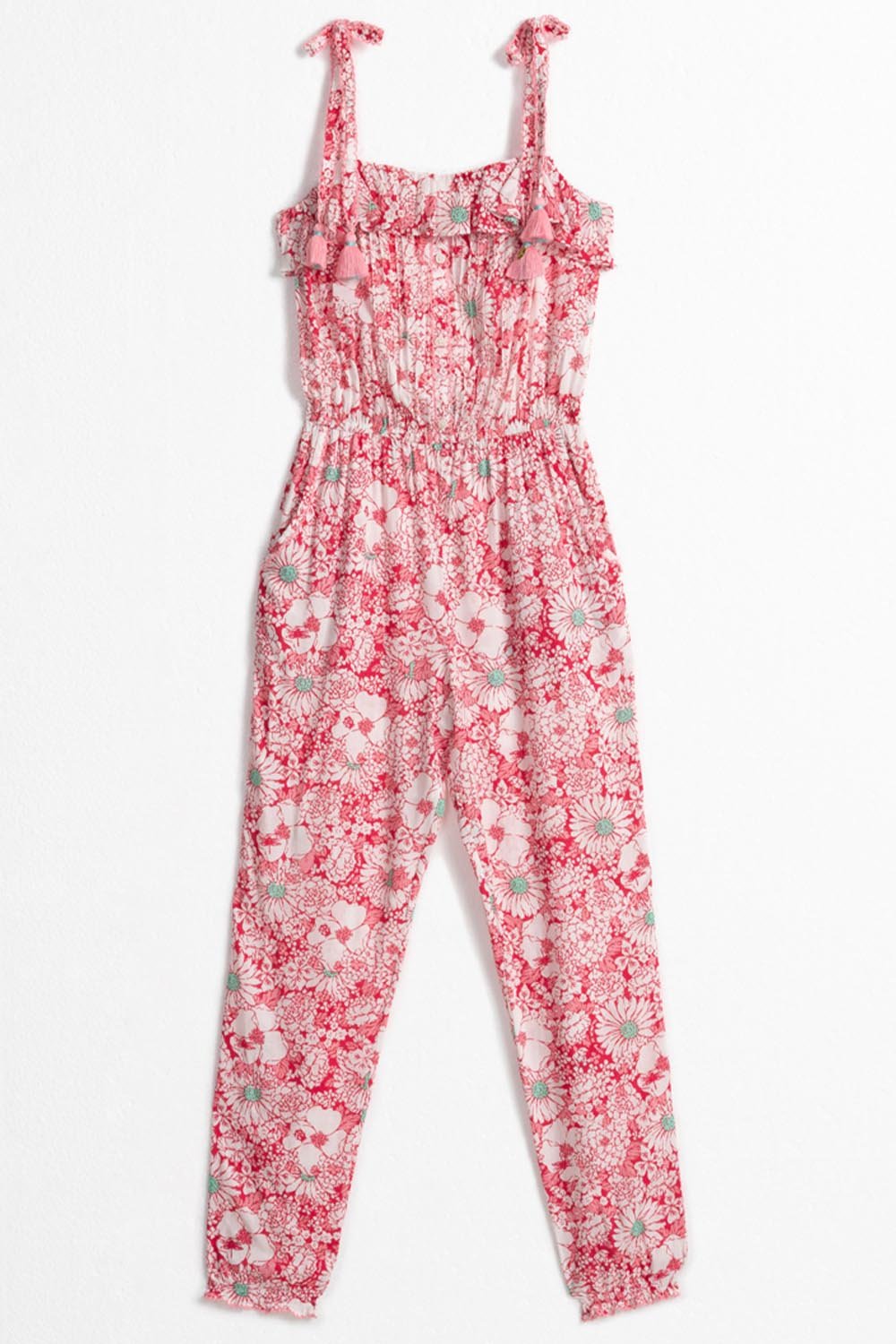 Pink Kids Long Jumpsuit Astra by Poupette St Barth featuring a garden print, front view, perfect for playful summer wear.