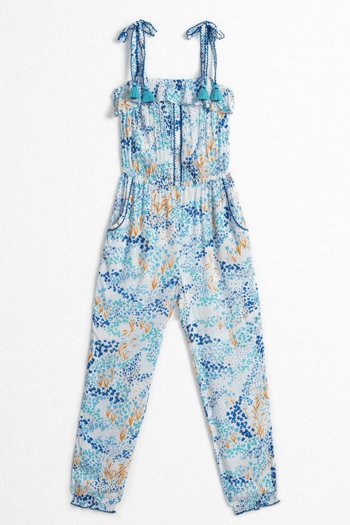 Kids long jumpsuit Astra by Poupette St Barth in white and blue tulip print, featuring a comfortable fit and stylish design.
