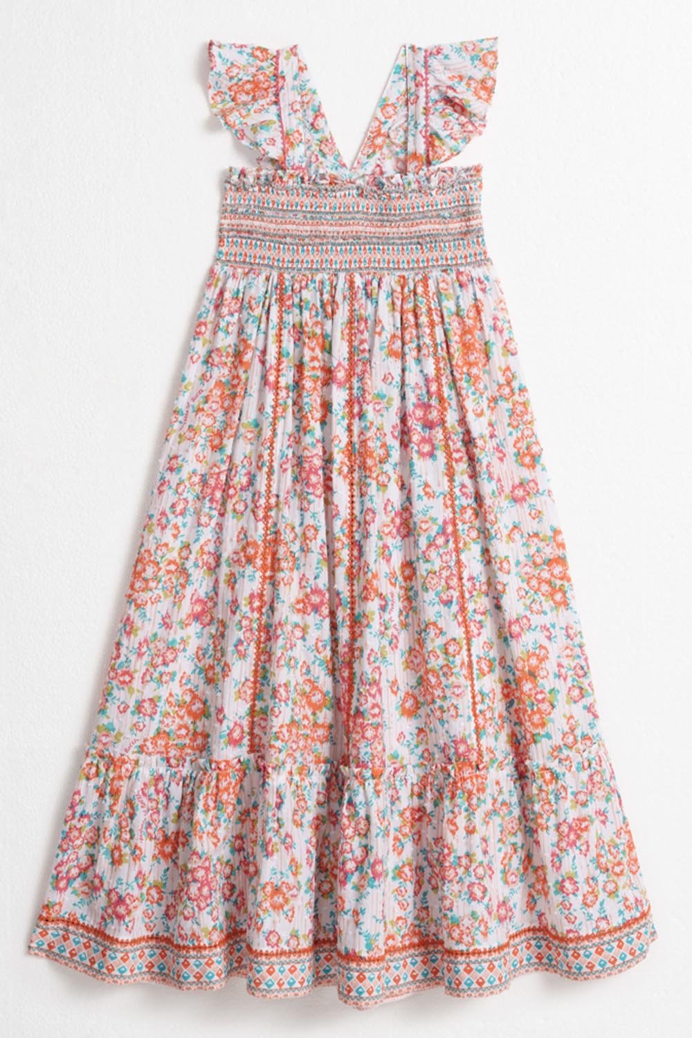 Pink kids midi dress Cindy by Poupette St Barth, featuring a flowy Aquarelle print and front view.
