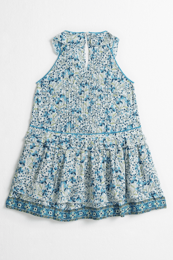 Back view of Poupette St Barth Kids Mini Dress Mae in Blue Mini Jonquille, featuring a stylish design and comfortable fit.