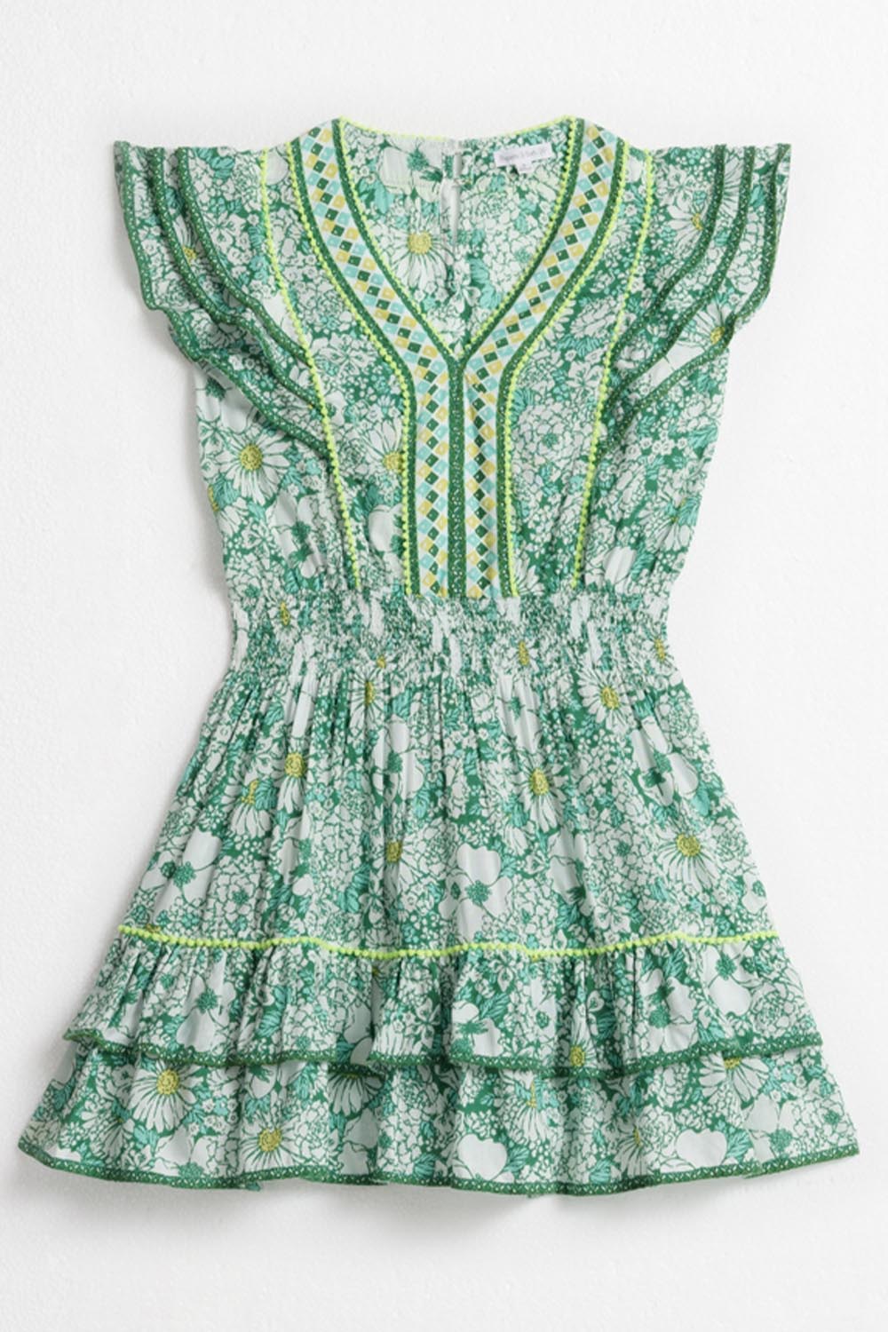 Green mini dress for kids, Poupette St Barth Kids Mini Dress Camila in Mid 70s Garden style, front view showcasing the floral design.
