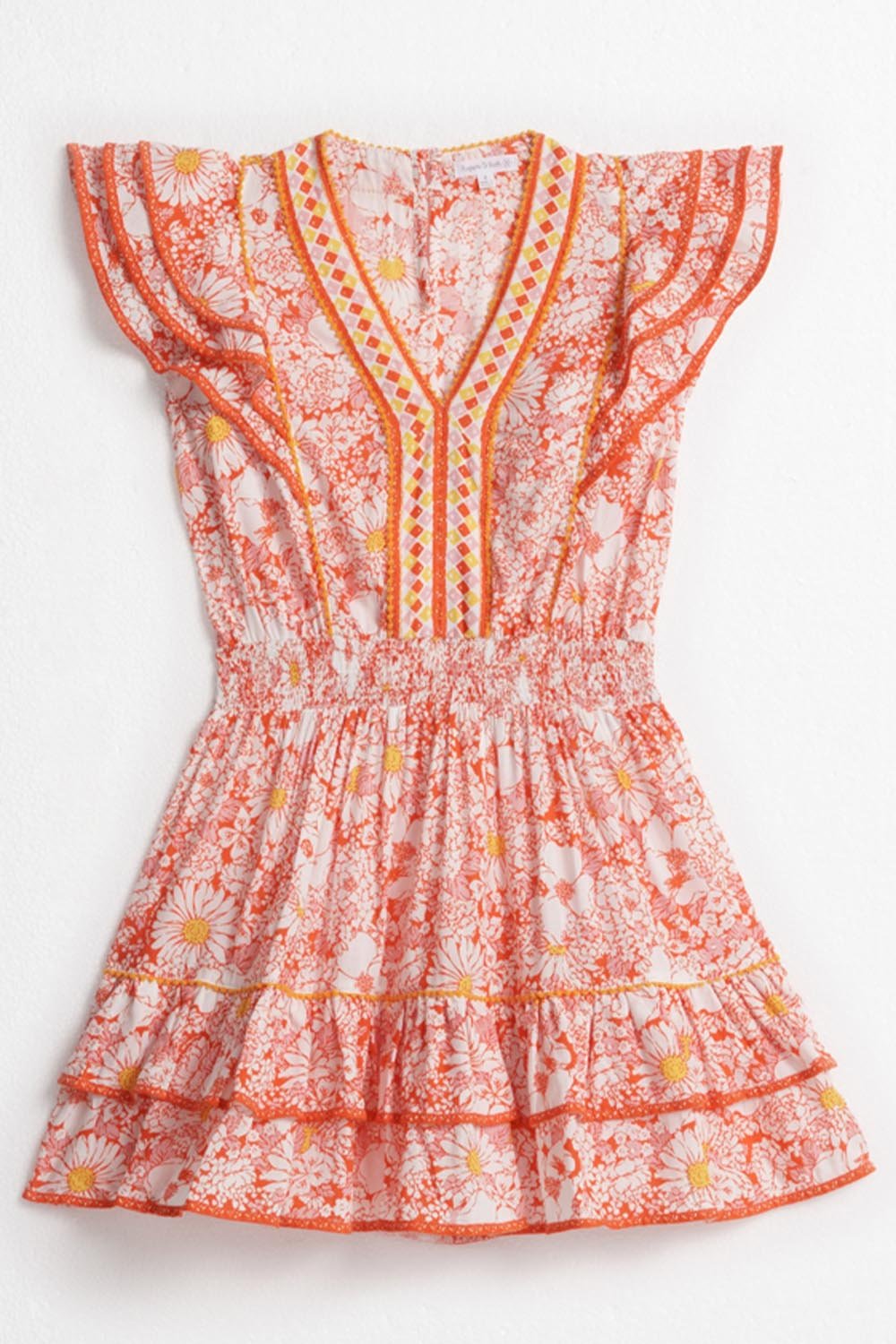 Kids mini dress by Poupette St Barth, orange Camila dress with a 70s garden print, front view of the adorable children's fashion.