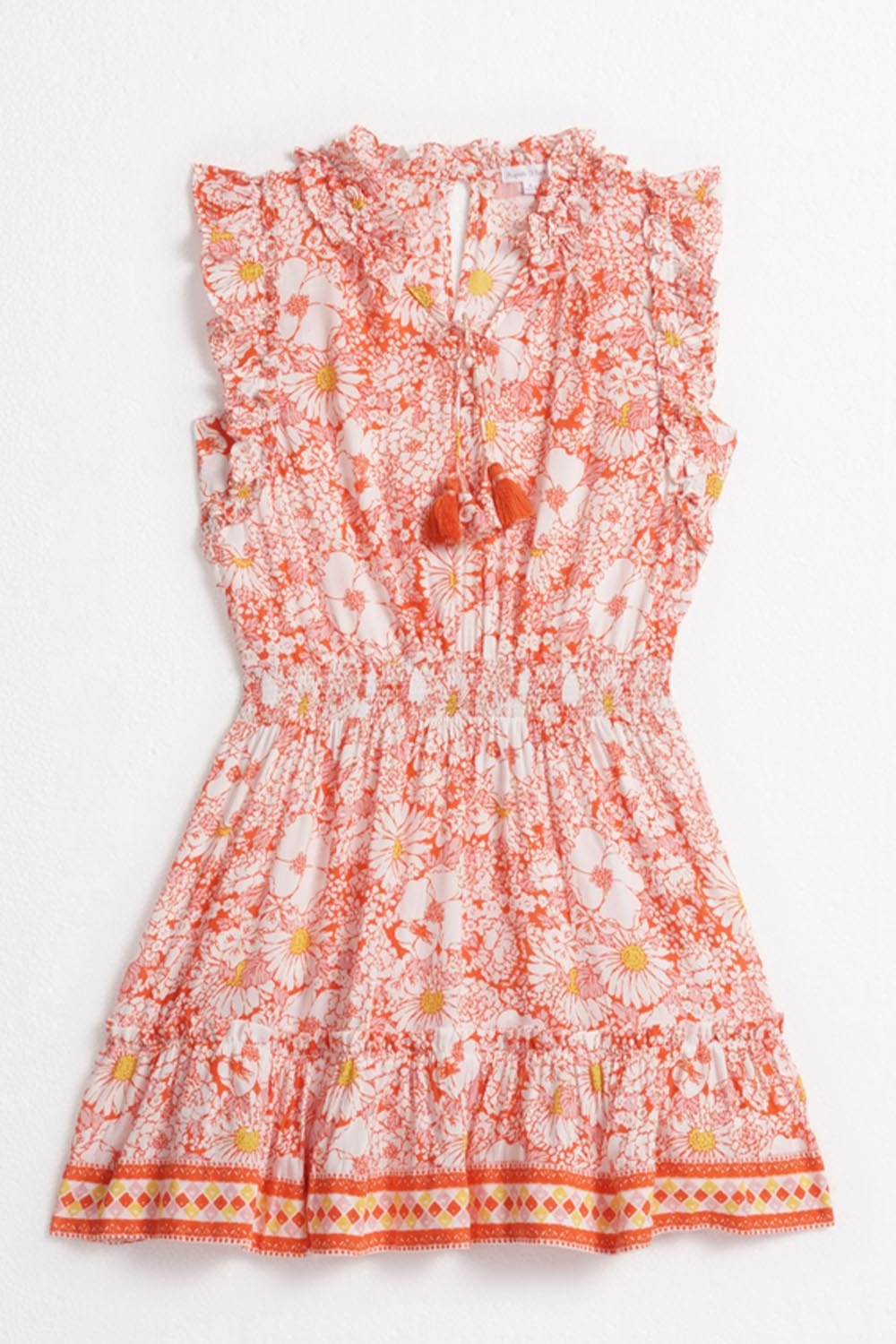 Orange Poupette St Barth Kids Mini Dress Triny with 70s garden print, front view showing playful, colorful floral design.