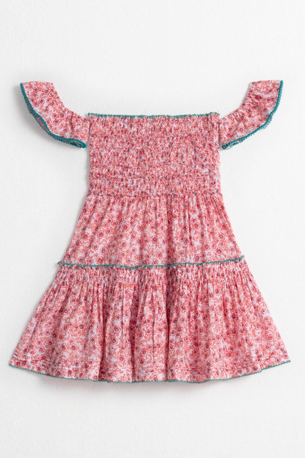 Pink Kids Mini Dress Aurora by Poupette St Barth featuring a charming anemone pattern, front view showing ruffled details.