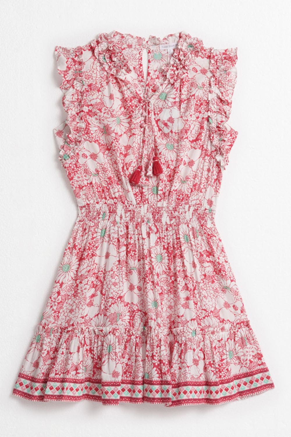 Pink mini dress for kids by Poupette St Barth, Triny style with 70s garden print, shown from the front.