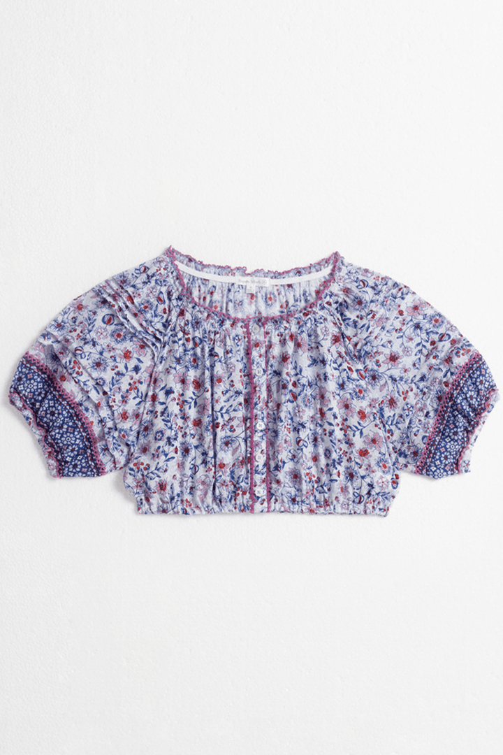 Blue Magnolia kids' top by Poupette St Barth featuring a stylish design, front view of the Andrea shirt for children.