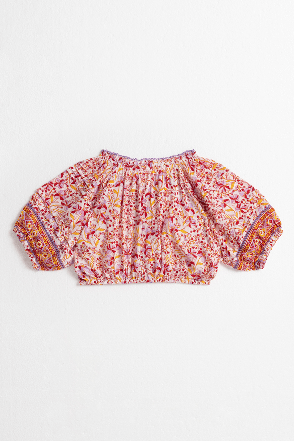 Back view of Poupette St Barth Kids Andrea Purple Mini Jonquille shirt, vibrant purple top for children with ruffle details.
