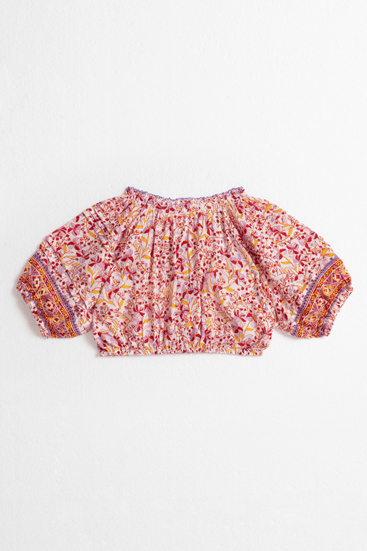 Back view of Poupette St Barth Kids Andrea Purple Mini Jonquille shirt, vibrant purple top for children with ruffle details.