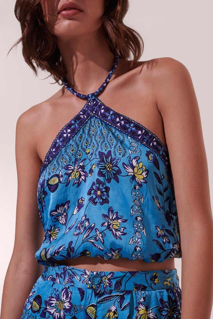 Poupette St Barth Top Isabelle in Sky Botanique featuring lightweight fabric and floral print, styled as a fashionable shirt or top.
