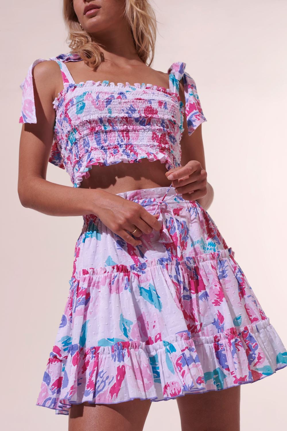 Pink Macro Peony skirt – Mini Skirt Clara by Poupette St Barth, front view